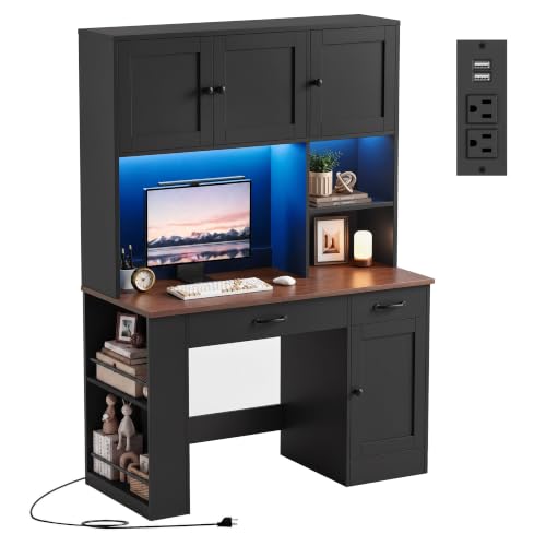 71" Tall Computer Desk with Hutch, LED & Charging Station, Black, view 2