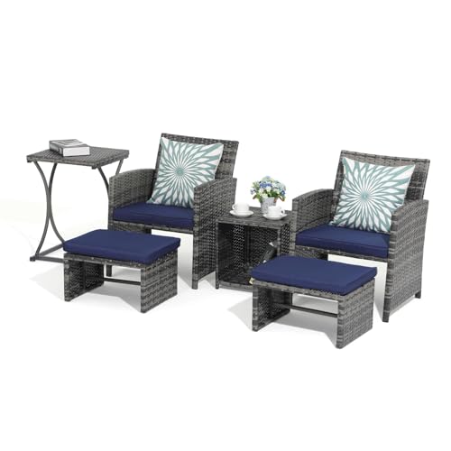 6 Piece Patio Furniture Conversation Set with Ottoman, Outdoor Grey Wicker Chair and Table Set, Balcony Furniture for Apartments, Navy Blue