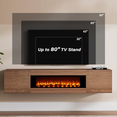 70'' Floating TV Stand with 36" Electric Fireplace, High Glossy, Brown, view 8
