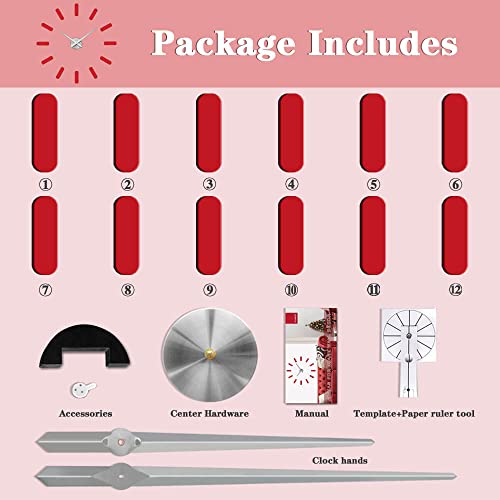 Frameless Wall Clock, 3D Modern Trend Wall Clocks for Living Room Decor, DIY Large Wall Clock Easy to Install Silent and Size Adjustable, Suitable for Kitchen, Farmhouse, Bedroom (Red)