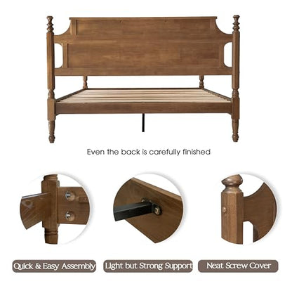 Solid Wood Queen Size Bed Frame with Headboard & Footboard, 12 Strong Slats, view 7