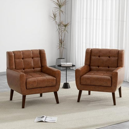 Faux Leather Accent Chair, Modern Upholstered Club Arm Chair for Living Room, Comfy Armchair Single Sofa Seat with Solid Wooden Legs (Coffee)