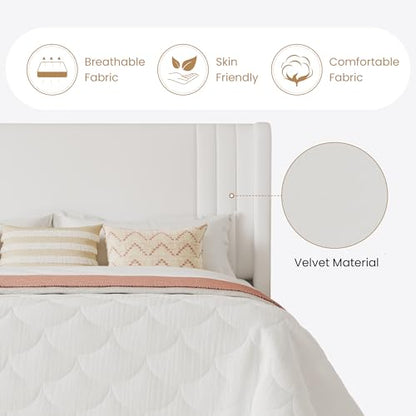 Queen Velvet Upholstered Bed Frame, Wingback Headboard, White, view 7