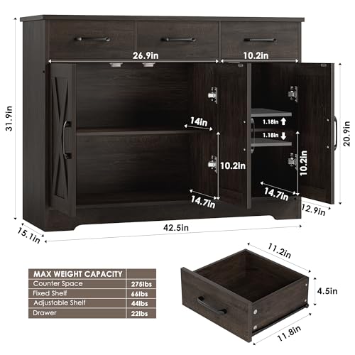 Modern Farmhouse Buffet Sideboard Cabinet, Barn Doors Storage Cabinet with Drawers and Shelves, Wood Coffee Bar with Storage for Dining Room, Kitchen, Living Room, Dark Brown
