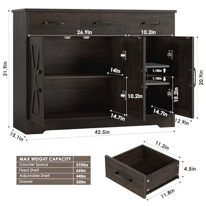Modern Farmhouse Buffet Sideboard Cabinet, Barn Doors Storage Cabinet with Drawers and Shelves, Wood Coffee Bar with Storage for Dining Room, Kitchen, Living Room, Dark Brown