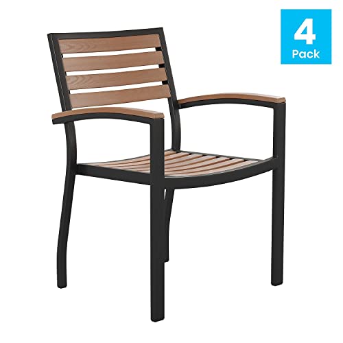 Stackable Aluminum Patio Chair - All-Weather Black Framed Side Chair with Faux Teak Slats - Commercial Grade - Set of 4