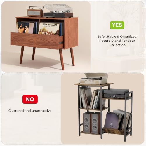 Mid Century Modern Record Player Stand with Vinyl Storage, Brown, view 7