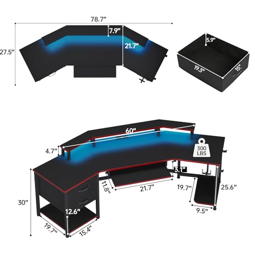79" Gaming Desk, Computer Desk with 2 Fabric Drawers & LED Light, L Shaped Gaming Desk with Storage Shelf for Home Office, Carbon Fiber Black&Red