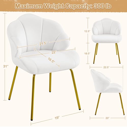 Yaheetech Vanity Chair, Velvet Accent Chair with Shell-Shaped Backrest, Modern Armchair with Gold Metal Legs for Dressing Room/Bedroom/Living Room, White
