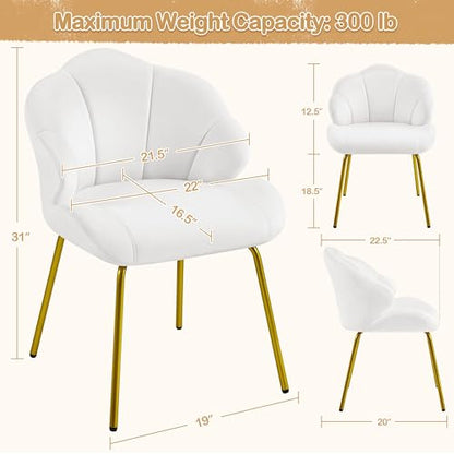 Yaheetech Vanity Chair, Velvet Accent Chair with Shell-Shaped Backrest, Modern Armchair with Gold Metal Legs for Dressing Room/Bedroom/Living Room, White