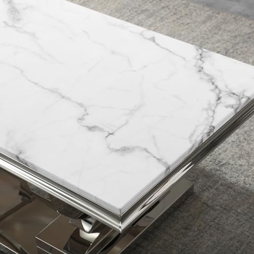 Modern Marble Coffee Table, Rectangular White and Silver with U-Shape Stainless Steel Base with Silver Mirrored Finish for Living Room, Simple Assembly (Silver3)