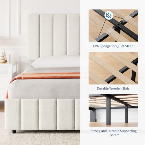 King Size Bed Frame, Linen Bedframe with 4 Storage Drawers, Beige, view 5