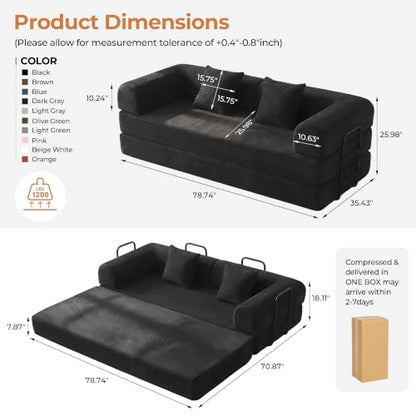 79'' Convertible Sofa Bed, 5-in-1 Folding Boneless Couch, Pull Out Floor Sleeper, Modular Lounge Sofa for Living Room Bedroom, Multi-Function Foldable Sofa (Black)