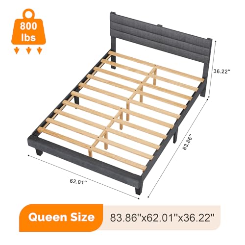 Queen Upholstered Platform Bed Frame with Headboard,Linen Dark Gray, view 3