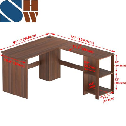 51 x 51 L-Shaped Home Office Wood Corner Desk with Storage, Walnut, view 3