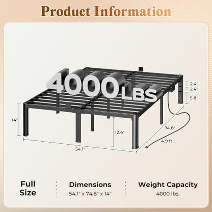 4000LBS Full Bed Frame with Charging Station, 14 inch Bedframe, view 4