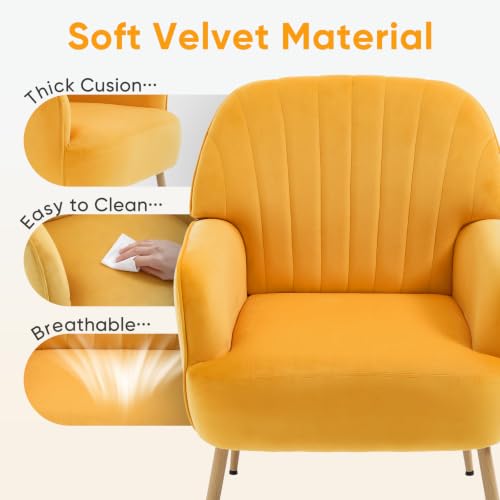 Velvet Accent Chair, Mid Century Modern Accent Chairs for Living Room, Comfy Upholstered Armchair with Metal Legs for Bedroom/Apartment/Office/Waiting Room, Yellow