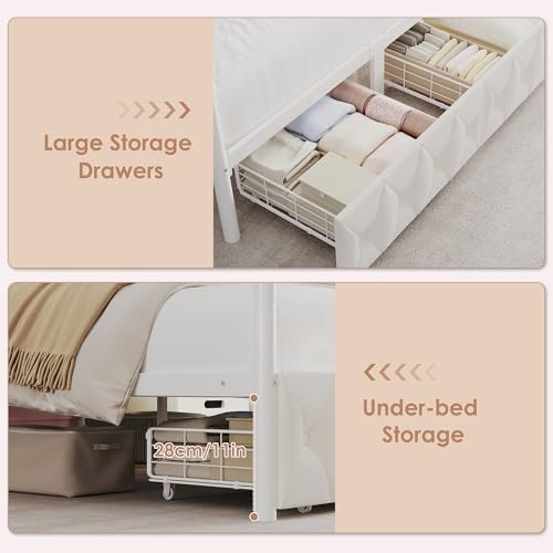 Full Size Upholstered LED Canopy Bed Frame with Charging Station and Drawer, view 7