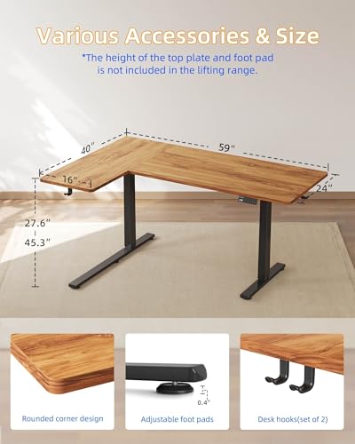 Reversiable L-Shaped Electric Standing Desk, 59 Inches Stand Up Corner Desk, Sit and Stand Up for Work Office Home, Ergonomic Rising Computer Table with Splice Board, Rustic Brown