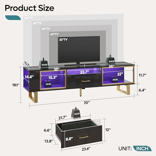 70 inch TV Stand with LED Lights for 75 inch TV, view 3