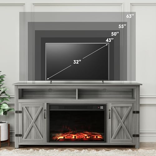 Farmhouse Fireplace TV Stand for TVs up to 65+ Inch, Gray Wash, view 3