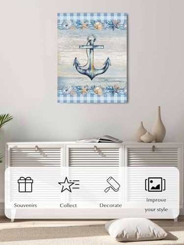 NuYeBiofx Nautical Anchor Starfish Shell Conch Canvas Wall Art Prints,48"x32" Framed Picture Artwork Ocean Blue Checkered Printed Canvas Oil Painting for Living Room Bedroom Office,Ready to Hang