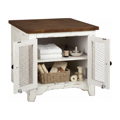 Signature Design by Ashley Wystfield Farmhouse End Table with Storage, Double Door Cabinet, Wood Construction, for Living Room, Distressed White & Brown