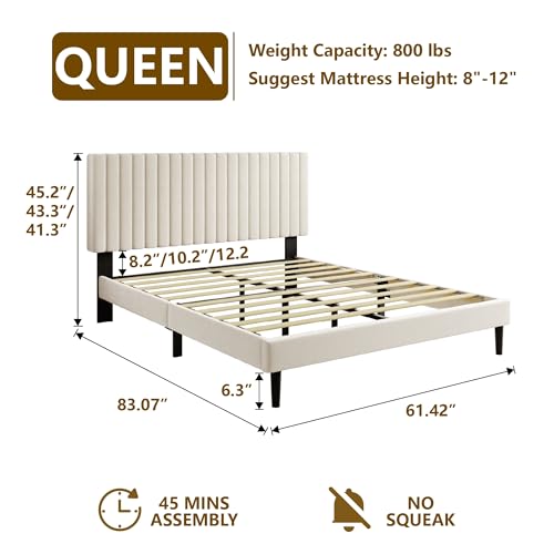Queen Size Bed Frame with Velvet Upholstered Headboard, view 3