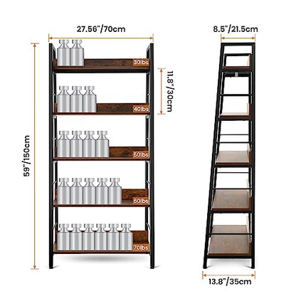 Bookshelf, Industrial Wood Bookshelves and Bookcases, Ladder Shelf 5 Tier with Metal Frame for Living Room, Bedroom, Kitchen, Home Office, Rustics Brown