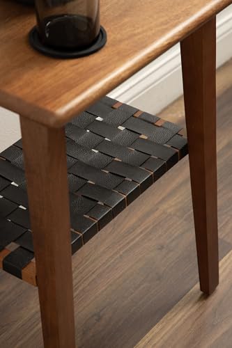 Woebeck Modern Rectangle Wood Side Table, 18 x 14 x 25, Walnut Brown and Black, Transitional Two-Tier End Table with Vegan Leather Shelf for Bedroom Nightstand or Living Room Accent