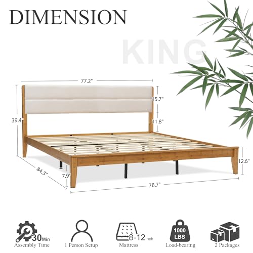 Japanese Joinery Bamboo Bed Frame King Size with Headboard, view 3