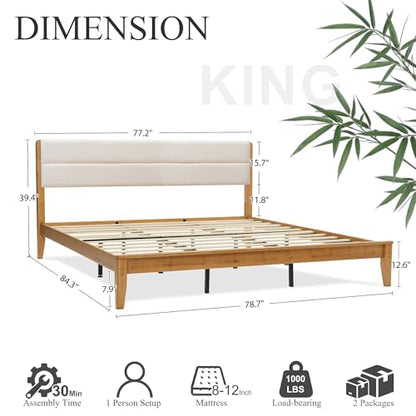 Japanese Joinery Bamboo Bed Frame King Size with Headboard, view 3