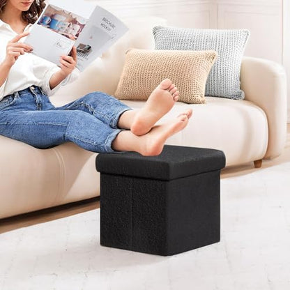 Storage Ottoman Cube Square Shaped Ottomans with Storage Foot Stool Footrest for Lving Room Boucle Ottoman Seat for Dorm Room,Faux Teddy Fur Black,12.6"x12.6"x12.6"