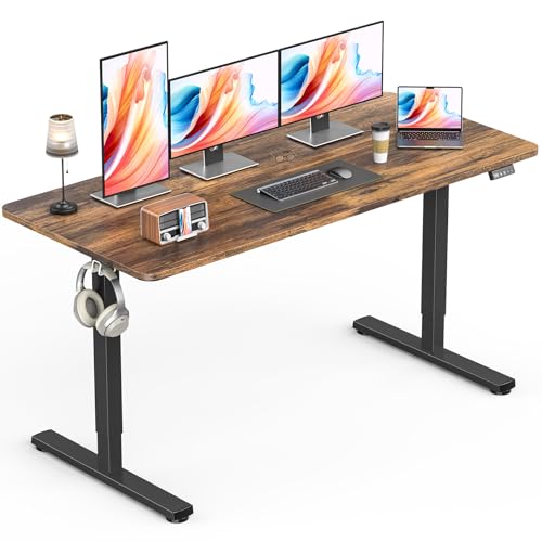 Standing Desk, Height Adjustable Electric Stand up Desk, 55 x 24 Inches Sit Stand Home Office Desk with Splice Board, Black Frame/Rustic Brown Top