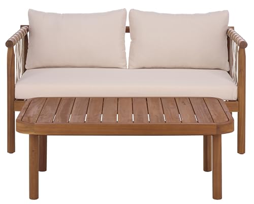 SAFAVIEH Outdoor Patio Furniture Collection - Sabrina Teak Brown & Cream Bench and Table Set, Solid Wood with Rope Detailing, Modern Coastal Style (PAT6810A)