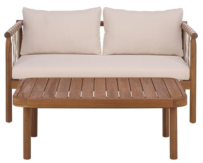 SAFAVIEH Outdoor Patio Furniture Collection - Sabrina Teak Brown & Cream Bench and Table Set, Solid Wood with Rope Detailing, Modern Coastal Style (PAT6810A)