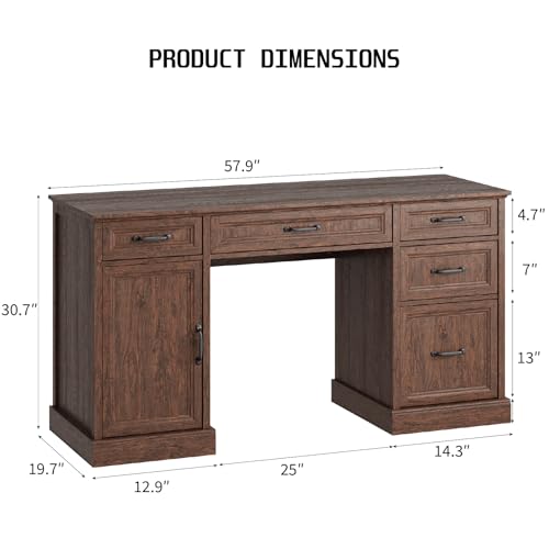 58'' Farmhouse Executive Desk with Drawers, Home Office Desk with File Drawer and Storage Cabinet, Rustic Computer Desk for Working, Studying, Writing, Brown