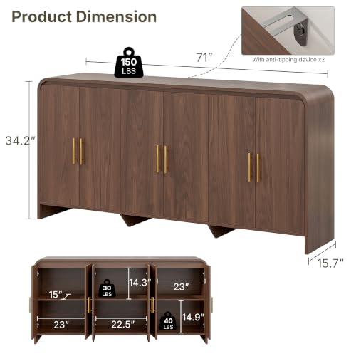 71 Inch Modern Sideboard Buffet Cabinet with Large Storage, 6 Doors, Walnut, view 3