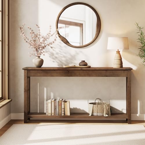 63" Solid Wood Console Table with 2-Tier Shelf, Farmhouse Sofa Table, Rustic Entryway Table for Behind Couch, Hallway, Living Room