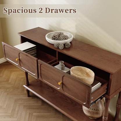 Console Table with Drawers for Entryway, Mid-Century Entryway Table with Storage, Brown Narrow Entryway Table with Open Shelf Behind Sofa for Living Room, Foyer, Hallway
