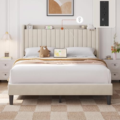 Yaheetech Queen Bed Frame with Channel-Tufted Storage Headboard, Beige, view 4