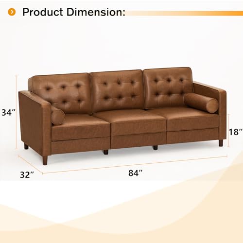 84 Inches Modern Faux Leather 3-Seat Sofa w/2 Bolster Pillows & Tufted Backrest, Mid-Century Couch, Premium 3 Seaters Sofa for Living Room, Bedroom, Office, Brown