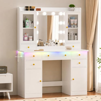 White Makeup Vanity Desk with Mirror and Lights, Smart RGB Light, view 2