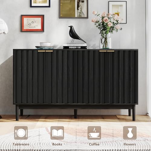 55" Fluted Buffet Cabinet with Storage, Accent Cabinets, Black, view 4