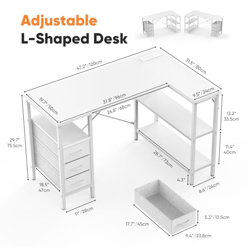 L Shaped Desk with Shelf Drawers 47 Inch, White Corner Computer Desks Gaming with Power Outlet, Study Table with Adjustable Shelves, Home Office Tables for Bedroom Teacher Reading Writing