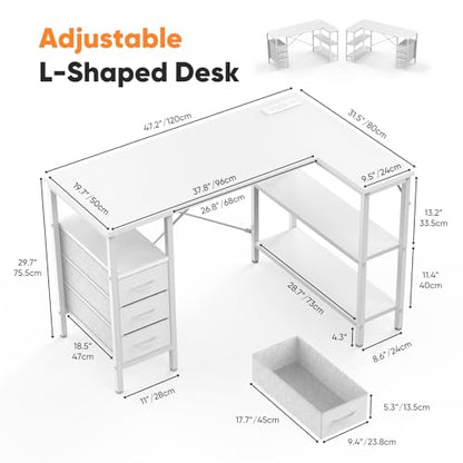 L Shaped Desk with Shelf Drawers 47 Inch, White Corner Computer Desks Gaming with Power Outlet, Study Table with Adjustable Shelves, Home Office Tables for Bedroom Teacher Reading Writing