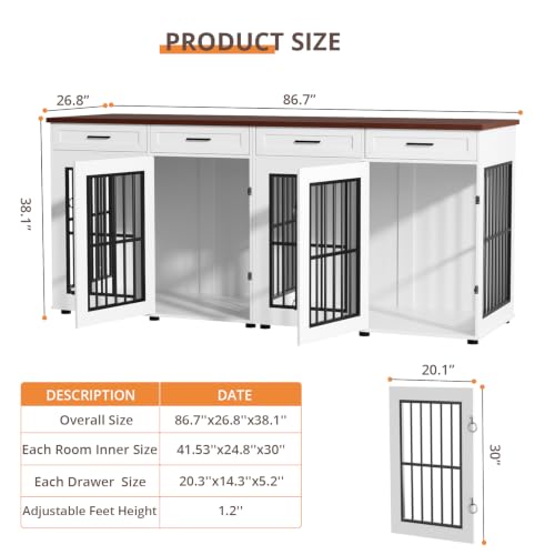 87" Dog Crate Furniture for 2 Dogs, Double Dog Cage Furniture, White, view 3