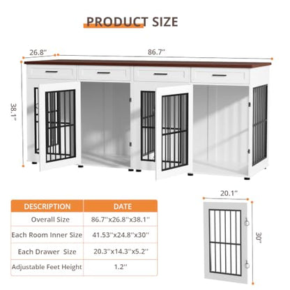 87" Dog Crate Furniture for 2 Dogs, Double Dog Cage Furniture, White, view 3