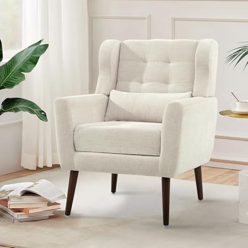 Modern Accent Chair, Upholstered Arm Chair with Waist Pillow, Single Sofa Chair for Living Room Bedroom Small Spaces (Beige)