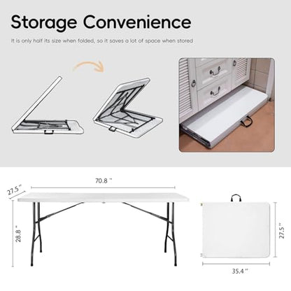 6FT Folding Table Plastic 6 Foot Foldable Table HDPE Portable Banquet Surface Fold-in-Half Desk Utility for Working Meeting,Parties, Picnic, Camping, Weddings, Catering, Garden Dining-White